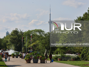 The CN Tower is appearing above the treetops from Centre Island in Toronto, Ontario, Canada, on July 13, 2024. (