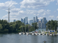 The skyline of the city of Toronto is being seen from Centre Island in Toronto, Ontario, Canada, on July 13, 2024. (