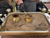 Traditional Turkish coffee is being prepared during the Taste of the Middle East Food Festival in Toronto, Ontario, Canada, on July 06, 2024...