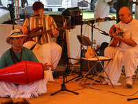 Hindu devotees are singing kirtans during the annual Rath Yatra festival in Toronto, Ontario, Canada, on July 13, 2024. The Rath Yatra festi...