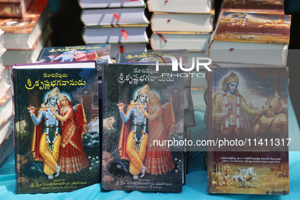 Copies of the Bhagavad Gita are being displayed during the annual Rath Yatra festival in Toronto, Ontario, Canada, on July 13, 2024. The Rat...