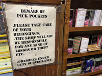 A sign is warning of pickpockets at a shop in Nainital, Uttarakhand, India, on April 21, 2024. (