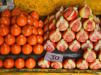 Fancy candles in the shape of fruit are being displayed at a small shop in Nainital, Uttarakhand, India, on April 21, 2024. (