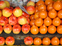 Fancy candles in the shape of fruit are being displayed at a small shop in Nainital, Uttarakhand, India, on April 21, 2024. (