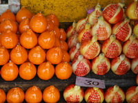 Fancy candles in the shape of fruit are being displayed at a small shop in Nainital, Uttarakhand, India, on April 21, 2024. (