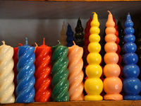 Candles are being displayed at a small shop in Nainital, Uttarakhand, India, on April 21, 2024. (