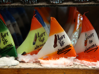 Fancy candles are being displayed at a small shop in Nainital, Uttarakhand, India, on April 21, 2024. (