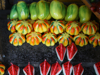 Fancy candles in the shape of fruit are being displayed at a small shop in Nainital, Uttarakhand, India, on April 21, 2024. (