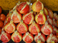 Fancy candles in the shape of fruit are being displayed at a small shop in Nainital, Uttarakhand, India, on April 21, 2024. (