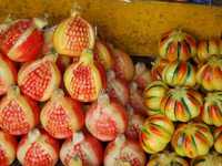 Fancy candles in the shape of fruit are being displayed at a small shop in Nainital, Uttarakhand, India, on April 21, 2024. (