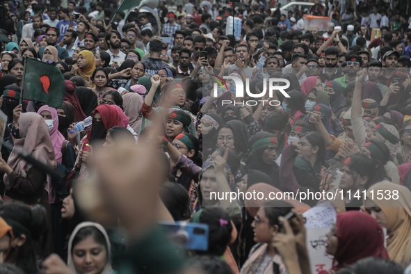 Students and job seekers are gathering to protest against the government job seeking quota system in Dhaka, Bangladesh, on July 15, 2024. 