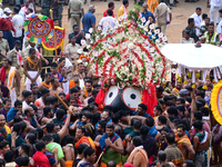 God Of The Universe Lord Jagannath Is Seen On The Grand Procession As He Comes Out From The Gundicha Temple To Ride His Chariot To Returns B...