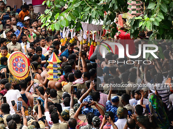 God Of The Universe Lord Jagannath Is Seen On The Grand Procession As He Comes Out From The Gundicha Temple To Ride His Chariot To Returns B...