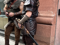 Men are dressing in Viking-style outfits in downtown, Toronto, Ontario, Canada, on July 13, 2024. (