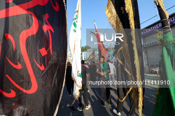 Kashmiri Shia Muslims are displaying flags during a procession on the 8th of Muharram in Srinagar, Indian Administered Kashmir, on July 15,...