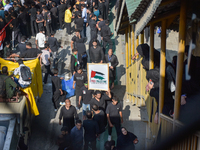 Kashmiri Shia Muslims are displaying a placard in solidarity with Palestine during a procession on the 8th of Muharram in Srinagar, Indian A...