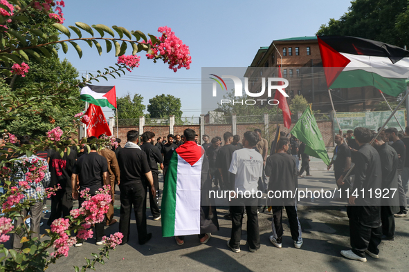 Kashmiri Shia Muslims are displaying Palestinian flags during a procession on the 8th of Muharram in Srinagar, Indian Administered Kashmir,...