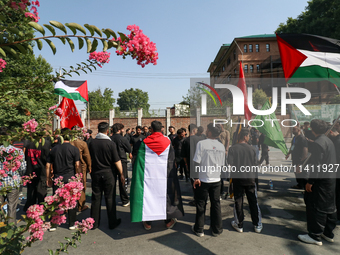 Kashmiri Shia Muslims are displaying Palestinian flags during a procession on the 8th of Muharram in Srinagar, Indian Administered Kashmir,...