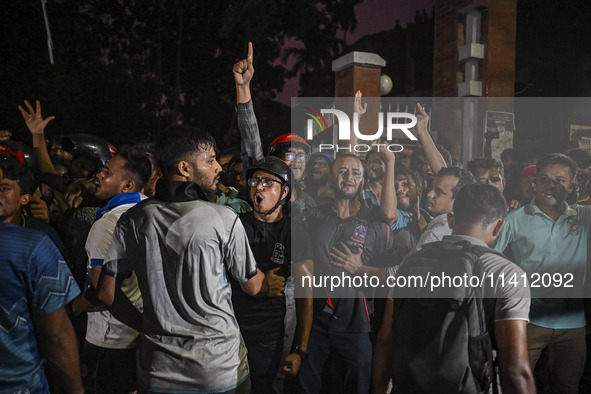 Anti-quota protesters and students are shouting in front of Shahidullah Hall, during clashes between anti-quota protesters and students back...