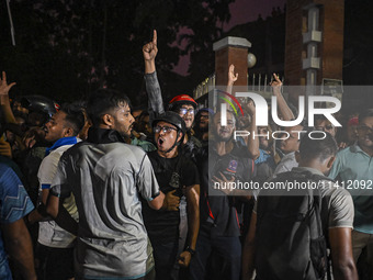 Anti-quota protesters and students are shouting in front of Shahidullah Hall, during clashes between anti-quota protesters and students back...