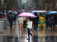 A person is covering herself from the rain with an umbrella while walking through downtown in Mexico City, Mexico, on July 10, 2024. (