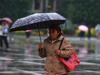 A person is covering herself from the rain with an umbrella while walking through downtown in Mexico City, Mexico, on July 10, 2024. (