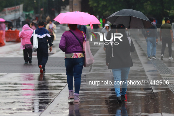 People are covering themselves from the rain with umbrellas while walking through downtown in Mexico City, Mexico, on July 10, 2024. 