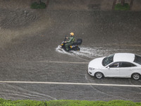 Vehicles are driving through heavy rain in the West Coast New Area of Qingdao, Shandong province, China, on July 16, 2024. (