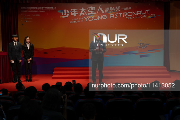 Hong Kong Chief Secretary, Chan Kwok-ki, is speaking at the Send-off ceremony for Young Astronaut Training Camp 2024 inside the Hong Kong Sp...