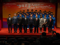 Participants of the Young Astronaut Training Camp 2024 are standing on stage during the send-off ceremony inside the Hong Kong Space Museum...