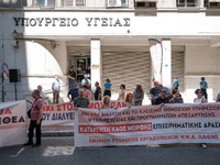 People are protesting outside the Ministry of Health in Athens, Greece, on July 16, 2024, against the new bill concerning the privatization...