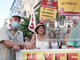 People are protesting outside the Ministry of Health in Athens, Greece, on July 16, 2024, against the new bill concerning the privatization...