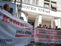 People are protesting outside the Ministry of Health in Athens, Greece, on July 16, 2024, against the new bill concerning the privatization...