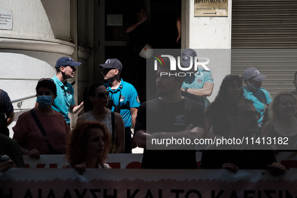 People are protesting outside the Ministry of Health in Athens, Greece, on July 16, 2024, against the new bill concerning the privatization...