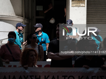 People are protesting outside the Ministry of Health in Athens, Greece, on July 16, 2024, against the new bill concerning the privatization...