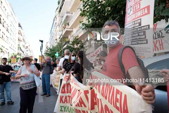 People are protesting outside the Ministry of Health in Athens, Greece, on July 16, 2024, against the new bill concerning the privatization...