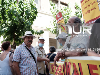 People are protesting outside the Ministry of Health in Athens, Greece, on July 16, 2024, against the new bill concerning the privatization...