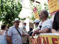 People are protesting outside the Ministry of Health in Athens, Greece, on July 16, 2024, against the new bill concerning the privatization...