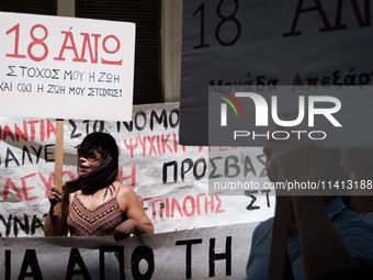 People are protesting outside the Ministry of Health in Athens, Greece, on July 16, 2024, against the new bill concerning the privatization...