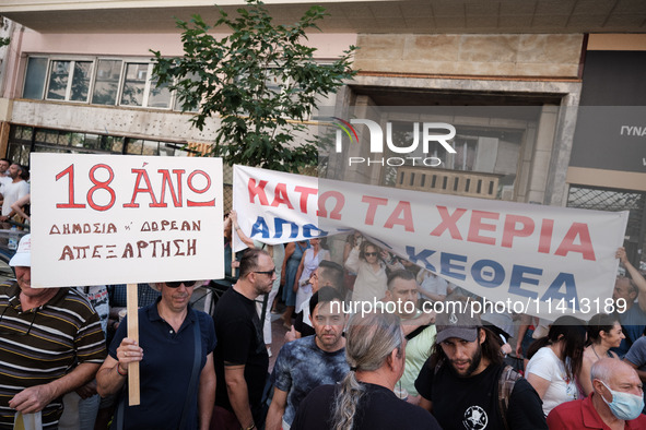 People are protesting outside the Ministry of Health in Athens, Greece, on July 16, 2024, against the new bill concerning the privatization...