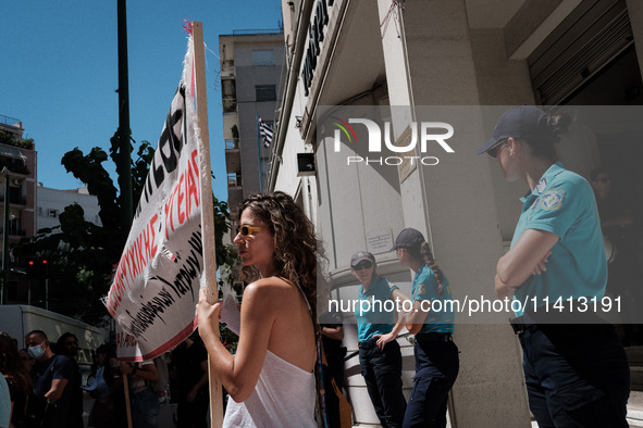 People are protesting outside the Ministry of Health in Athens, Greece, on July 16, 2024, against the new bill concerning the privatization...