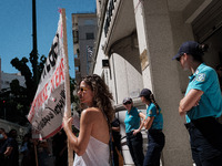 People are protesting outside the Ministry of Health in Athens, Greece, on July 16, 2024, against the new bill concerning the privatization...