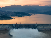 The Three Gorges Dam is opening nine holes to release water in Yichang, China, on July 16, 2024. The Three Gorges Reservoir is speeding up t...