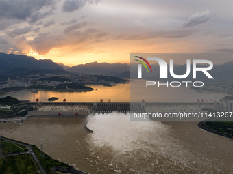 The Three Gorges Dam is opening nine holes to release water in Yichang, China, on July 16, 2024. The Three Gorges Reservoir is speeding up t...