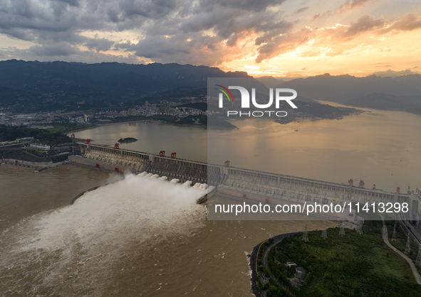 The Three Gorges Dam is opening nine holes to release water in Yichang, China, on July 16, 2024. The Three Gorges Reservoir is speeding up t...