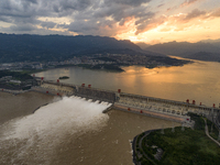 The Three Gorges Dam is opening nine holes to release water in Yichang, China, on July 16, 2024. The Three Gorges Reservoir is speeding up t...