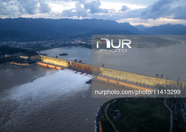 The Three Gorges Dam is opening nine holes to release water in Yichang, China, on July 16, 2024. The Three Gorges Reservoir is speeding up t...