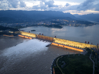 The Three Gorges Dam is opening nine holes to release water in Yichang, China, on July 16, 2024. The Three Gorges Reservoir is speeding up t...