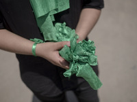 A young Iraqi boy living in Iran is holding prayer symbols during a religious festival to commemorate Ashura in the Dolatabad neighborhood i...