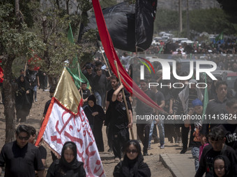 A young Iraqi boy living in Iran is carrying a giant religious flag while participating in a religious festival to commemorate Ashura in the...